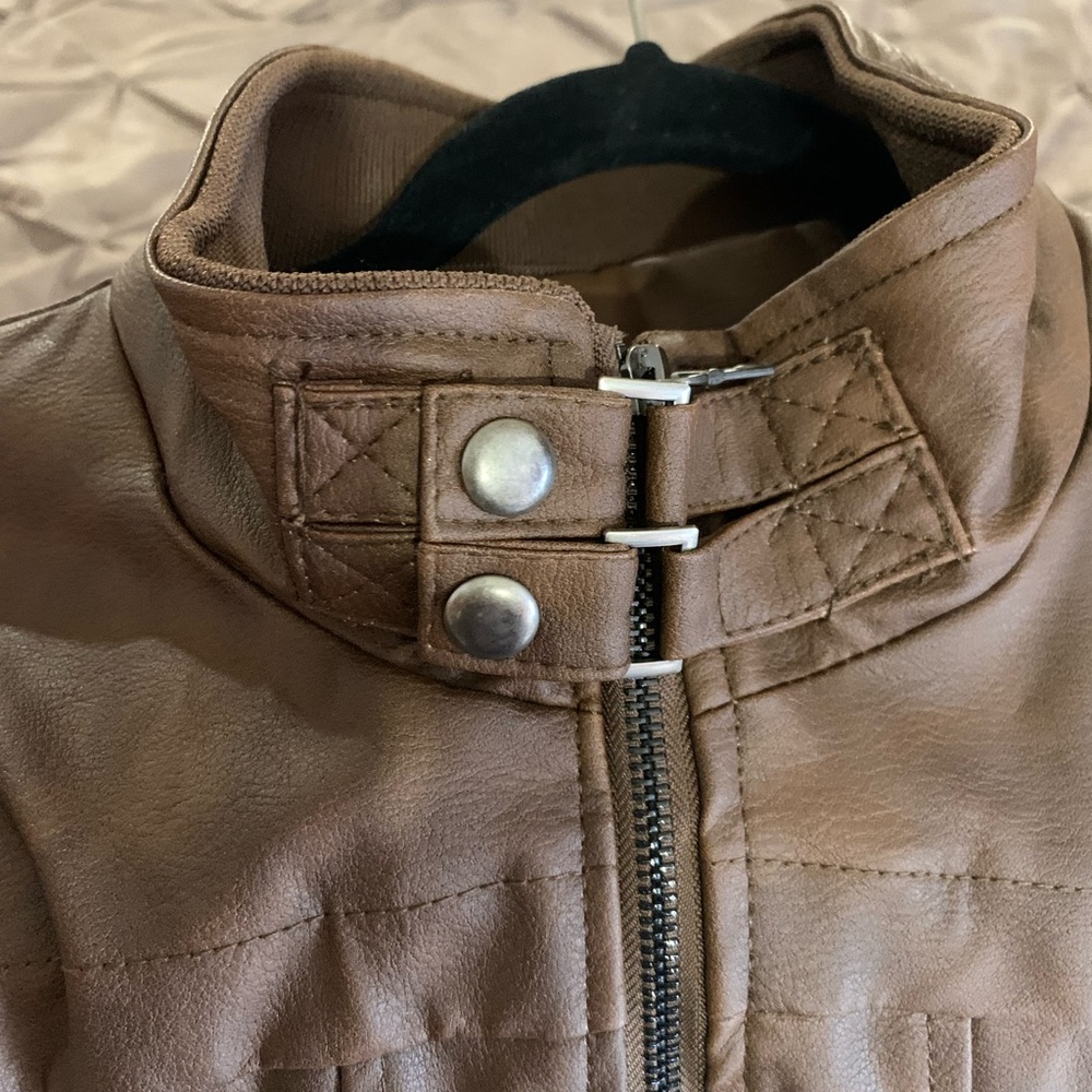 Men’s Brown Leather Style Jacket XXL with Sexy Collar,  pockets and buckles